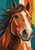 Close-up horse portrait with upright ears, a sweeping dark mane, ivory blaze, and prominent muzzle against colorful vertical panels.