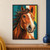 Close-up horse portrait with upright ears, a sweeping dark mane, ivory blaze, and prominent muzzle against colorful vertical panels.; frame shown for styling only