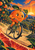 Smiling anthropomorphic orange riding a bicycle through a citrus orchard, holding a leafy twig above a large foreground blood-orange slice.