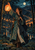 An adult woman in an ornate teal coat raises a glowing lantern above a forest procession near a bridge and stream.