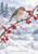 Small brown-and-cream songbird facing red berries on a snow-dusted branch, with snowy trees behind and a small title at the bottom.