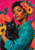 Short-haired woman in teal holding a black cat with bright eyes, framed by coral and yellow flowers against fuchsia.