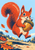 Red-orange squirrel airborne with an oversized acorn and high curled tail above scattered oak leaves.