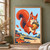 Red-orange squirrel airborne with an oversized acorn and high curled tail above scattered oak leaves.; frame shown for styling only
