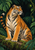 Seated orange-and-cream tiger on a mossy log looking toward a glowing firefly among dark green jungle leaves.
