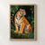 Seated orange-and-cream tiger on a mossy log looking toward a glowing firefly among dark green jungle leaves.; frame shown for styling only