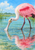 Pink wading bird with a curved neck feeding in shallow reflective water among reeds beneath a blue sky.
