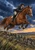 Chestnut horse and helmeted rider jumping above a low stone wall beneath a stormy blue sky and warm sunset horizon.