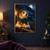 Cream-and-copper terrier in a teal scarf behind an open brass compass, with a lantern, moon, and mountains at night.; frame shown for styling only