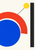Abstract poster with a cropped cobalt circle, open vermilion arc, yellow disk, black diagonal, and charcoal bar on ivory.