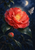 A coral-red camellia with golden stamens and a pale moth appears among dark green leaves beneath a crescent moon.