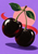 Two glossy near-black cherries with green leaves against a lavender field and pale pink circle, with a curved red accent.