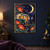 Small camper van with an open glowing doorway and black cat among oversized flowers beneath a crescent moon.; frame shown for styling only