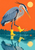 Blue-gray heron wearing yellow rain boots steps through teal water beneath an orange sky and yellow sun.