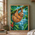A brown sloth hangs from a mossy branch as a bright green tree frog sits on a leaf amid rainy rainforest foliage and waterfalls.; frame shown for styling only