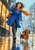 A woman in a cobalt raincoat and orange scarf walks a small brown dachshund through a rainy street with reflective puddles.