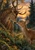 Large antlered stag bending toward a smaller doe among woodland ferns, with a glowing sunset between dark trees.