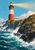 Red-and-white lighthouse with a glowing lantern and golden beam above a flower-covered rocky cliff and crashing teal waves.