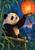 Young giant panda reaching toward a glowing red-orange lantern from a bamboo perch in a twilight forest.