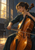Young adult woman looking down as she bows an amber cello in a rehearsal room with a bright multipane window.