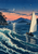 Small sailboat beneath a crescent moon, beyond a curling wave with birds and a distant island ridge.