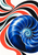 Large cobalt-blue spiral nautilus-like shell cropped at the bottom and right, surrounded by black, coral, and pale sea-glass curves on white.