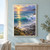 A turquoise wave breaks toward a rocky shore beneath apricot sunrise light, with a distant headland and coastal grasses.; frame shown for styling only