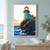 Turquoise lighthouse and keeper’s house on a rocky cliff above waves, with a golden lantern, sunset and small pale moon.; frame shown for styling only