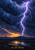 Branching lavender-white lightning crosses indigo storm clouds above a dark mountain ridge, with apricot light reflected on water.