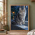 Long-haired silver tabby cat with amber eyes on a windowsill, looking toward the viewer as rain falls over a garden with a glowing orange lantern.; frame shown for styling only