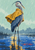 Blue-gray heron wearing an ochre cape in a puddle beneath angled rain, with a red-orange ripple.