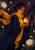 A woman in a navy coat and golden scarf holds a glowing lantern in a night garden with pale flowers and a crescent moon.