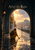 Traveler in a mustard coat reaches toward a red paper boat in a puddle beneath a stone arch, with sunlight on the city beyond.