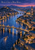 Luminous riverside city at dusk with an indigo river, arched bridges, a domed hall, clock tower and glowing windows.