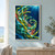 Layered kelp-like leaves and branching coral curl into an underwater spiral, with pale bubbles and turquoise light against deep navy.; frame shown for styling only
