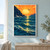 Large orange-yellow sun rising over dark coastal cliffs and teal waves, with a small bird gliding above the horizon.; frame shown for styling only