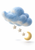 Fuzzy pale-blue cloud above three cream star shapes and a yellow crescent moon on white.
