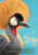 Close-up grey crowned crane with a spiky golden crown, red throat patch, and long bill, facing a tiny seed against turquoise sky and an apricot sun disk.