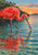 A coral-red scarlet spoonbill bends toward a reflective tidal pool with mangroves and distant birds behind it.