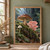 Three mushrooms, including a broad brown cap, coral-pink cluster, and pale parasol, emerge from a wet mossy log.; frame shown for styling only