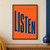 Large staggered navy letters spelling LISTEN with A QUIET MOMENT above on a vivid orange-red background and aqua shadows.; frame shown for styling only
