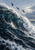 Three dark seabirds fly above a large curling blue-green ocean wave with white foam beneath a pale cloudy sky.
