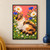 Curled sleeping calico cat among clover, white daisies, blue cornflowers, and yellow flowers, with a butterfly near its nose.; frame shown for styling only