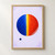 Minimalist abstract poster with a large blue-and-vermilion circle, yellow vertical band, ivory curved accent and navy dot on pale lilac.; frame shown for styling only