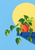 Trailing variegated pothos in a coral pot on a deep-blue shelf, with a large pale-yellow circle against a light-blue background.