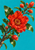 Large scarlet pomegranate flower with yellow stamens, surrounded by red buds and glossy green leaves against a turquoise background.