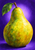 An oversized yellow-green pear with a brown stem and green leaf against a violet background with a lavender glow.