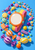 Blank-faced orange wristwatch with a striped multicolored band surrounded by wrapped and round candies on a bright blue background.