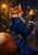 A red fox in an ornate cobalt coat balances a golden pear on a raised gloved paw as leaves drift beside a glowing lantern.