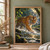 A Bengal tiger strides through splashing water in a forest stream, turning its head toward the viewer beneath sunlit trees.; frame shown for styling only
